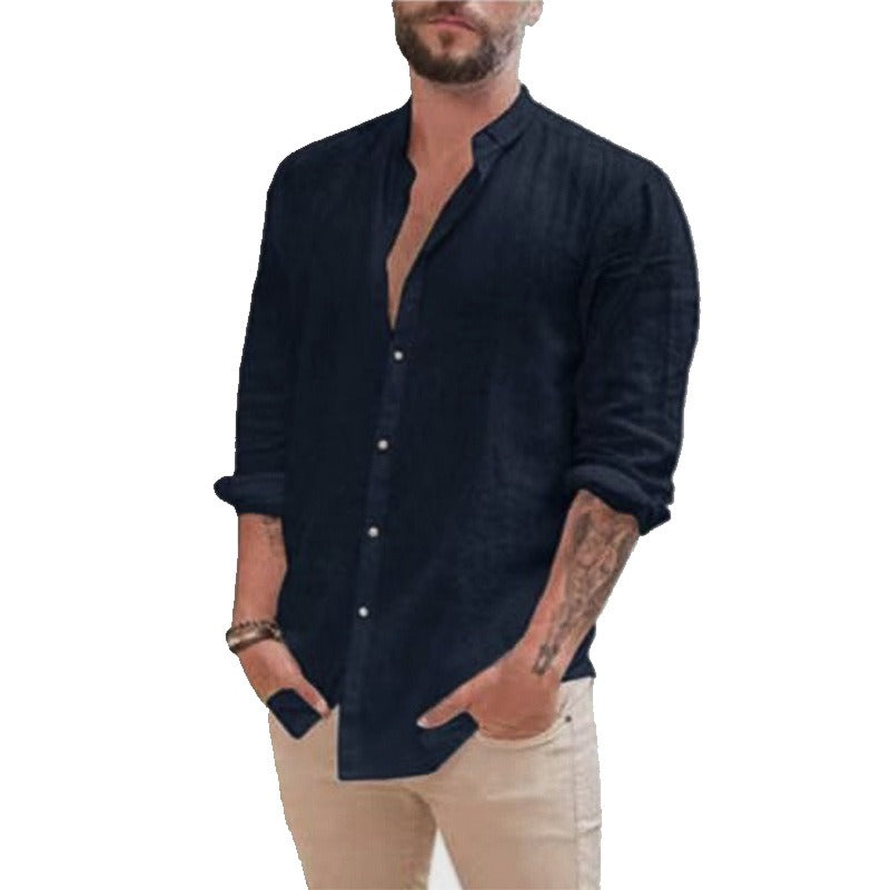 Men's Retro Standing Collar Cardigan New Casual Long Sleeved Cotton Linen Solid Color Shirt Men's Shirt Men's Shirt