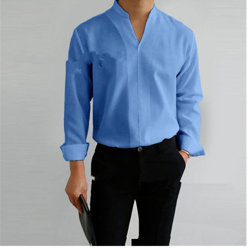 Shirt Men's Standing Collar Solid Color Fit Men's Shirt All Seasons