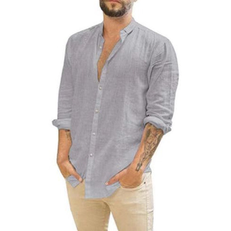 Men's Retro Standing Collar Cardigan New Casual Long Sleeved Cotton Linen Solid Color Shirt Men's Shirt Men's Shirt
