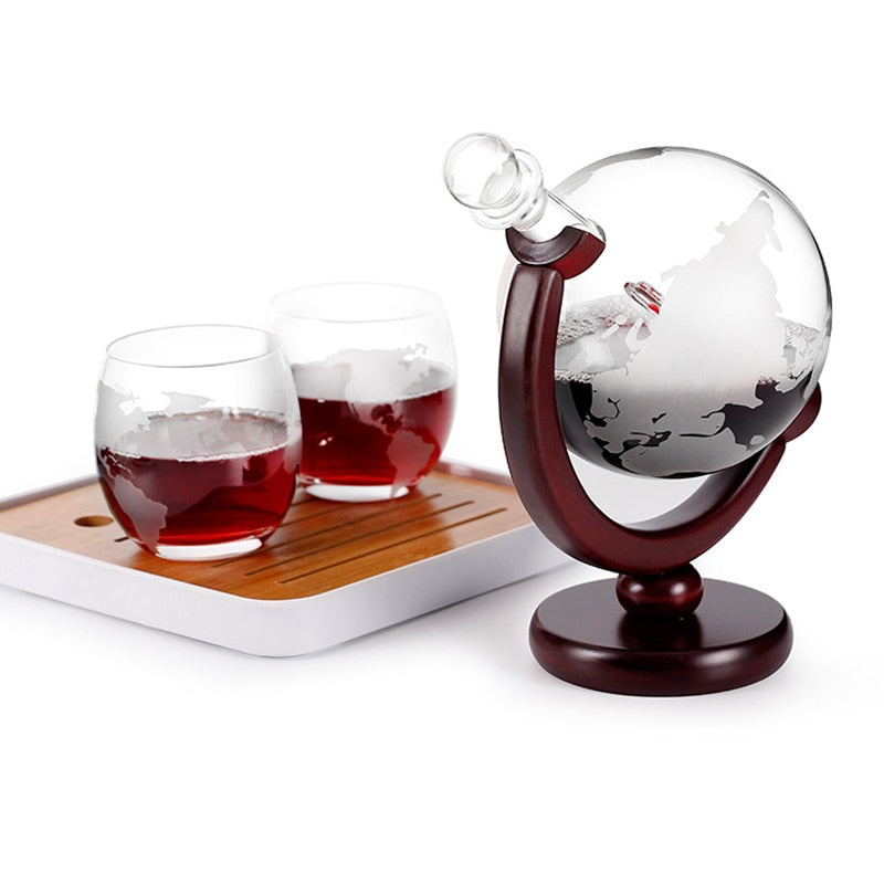 Whiskey Decanter Globe Wine Aerator Glass Set Sailboat Skull Inside Crystal with Fine Wood Stand Liquor Decanter for Vodka
