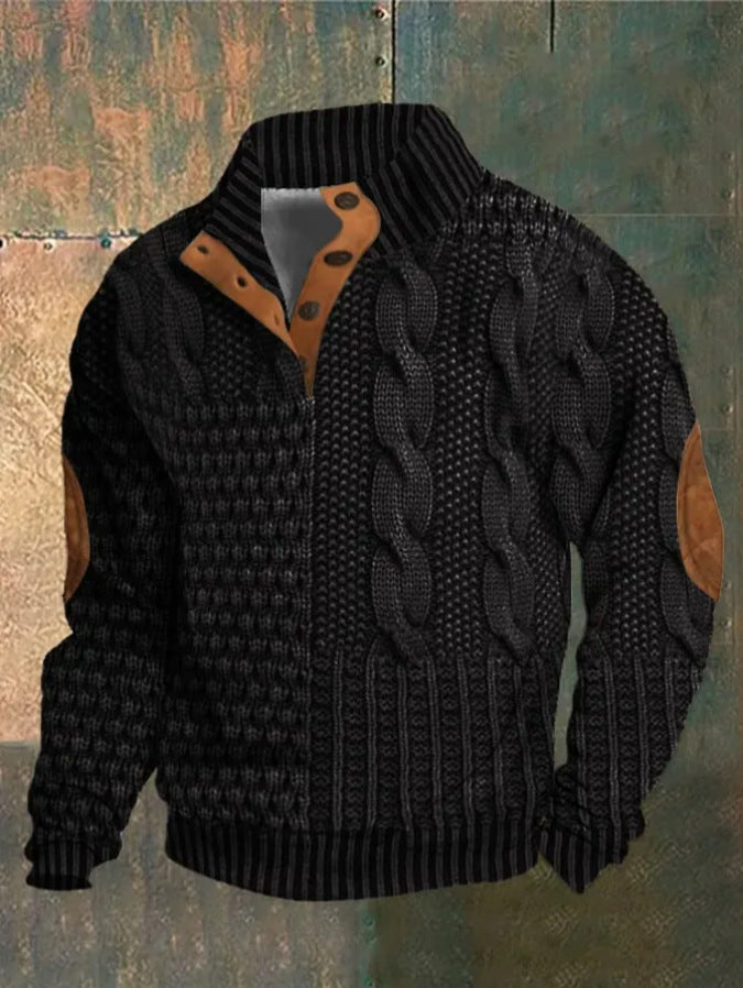 Digital Vintage Printed Stand Collar Button Sweater For Men