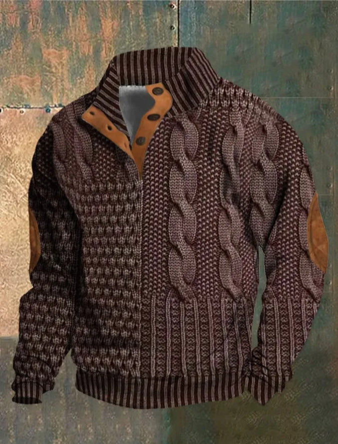 Digital Vintage Printed Stand Collar Button Sweater For Men