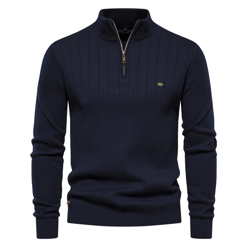 Stand Collar Men's Sweater Half Zipper Solid Color Sweater